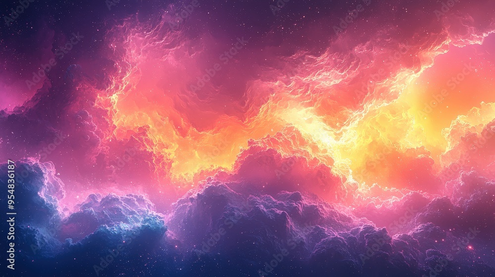 Wall mural Colorful cosmic clouds swirl in vivid hues of pink, orange, and purple, illuminated by starlight in a breathtaking night sky, showcasing the beauty of the universe