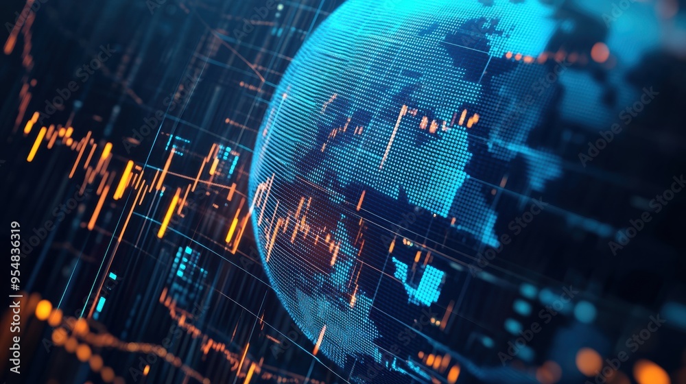 Poster 3d loop of a rotating globe with financial data points and graphs mapped onto its surface, symbolizi