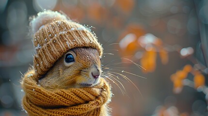 A Cute Squirrel Wearing a Knit Hat and Scarf