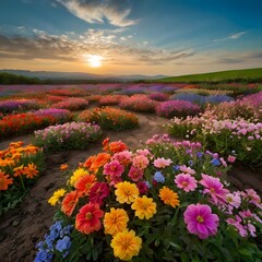 Obraz premium Vibrant Flower Field at Sunset
