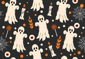 Set of sinister elements. Halloween. Pattern. Hand drawn. Trendy doodle. Vector. Horror. Ghost. Autumn. October 31. Saints' Day. Stickers and icons. Jack o lantern. Spider web, candles, eyes, specter