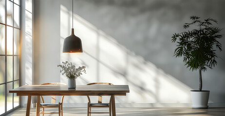 Naklejka premium Modern and minimalist dining room with a pendant lamp hanging over the dining table. Generative AI.