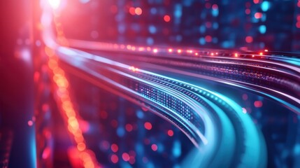 3D loop of rotating servers in a data center, with lights blinking and data flowing through connected cables, illustrating cloud computing and data storage