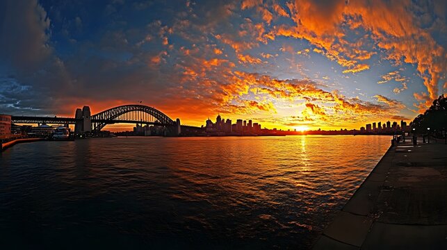 39. **Depict the Sydney Harbour Bridge during a vibrant sunset, with the city and harbor bathed in golden light.**