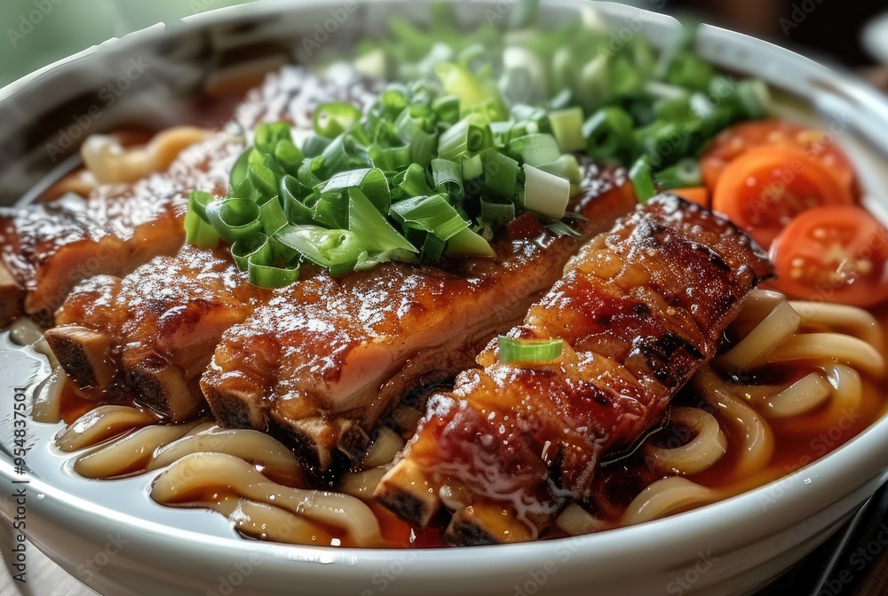 Poster a big bowl of pork ribs noodles on the table, steaming, steaming, green vegetables and tomatoes, whi