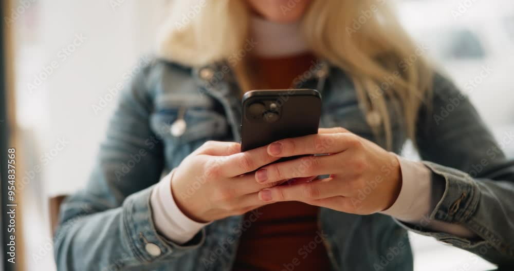 Aufkleber hands, phone and social media with person in coffee shop for app browsing, download or update. commu