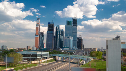 Obraz premium Skyscrapers International Business Center City at cloudy day timelapse hyperlapse, Moscow, Russia