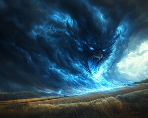 epic dark cloud twister with a roaring face releasing blue energy over a sprawling farmland, intense and atmospheric, highquality detail