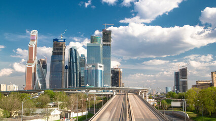 Modern Skyscrapers International Business Center City at cloudy day timelapse hyperlapse, Moscow, Russia