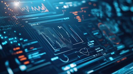 Obraz premium A 2D animation loop of a virtual medical interface with holographic elements, displaying various health metrics and diagnostics in a futuristic style, ideal for healthcare and medical technology