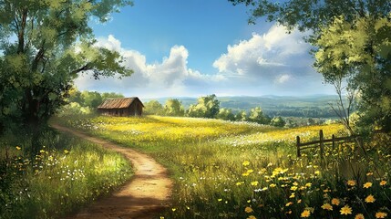 Obraz premium A Winding Path Through a Sunny Meadow with a Wooden Hut
