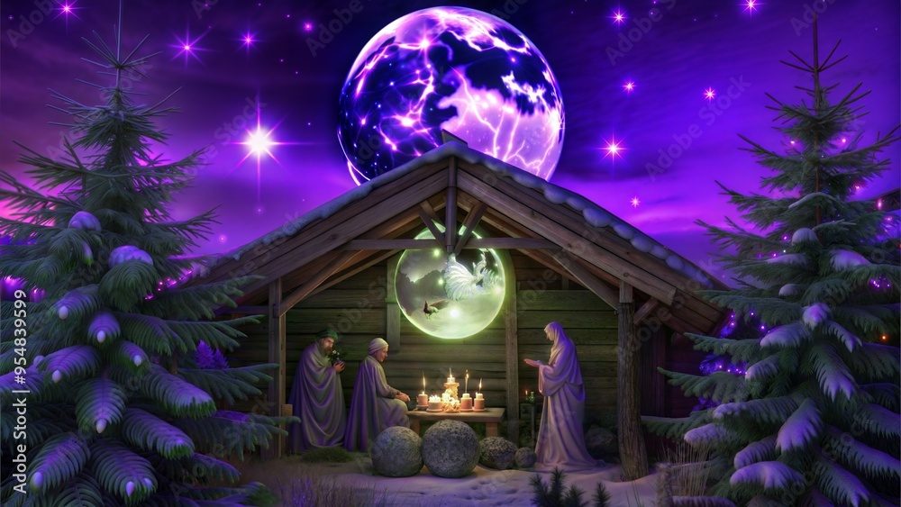 Poster the moon shines over the manger