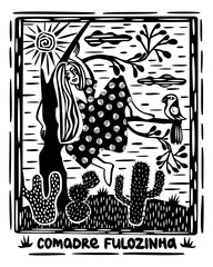 Comadre Fulozinha. Character of northeast brazilian mythology. Brazilian cordel woodcut. Vector black and white illustration