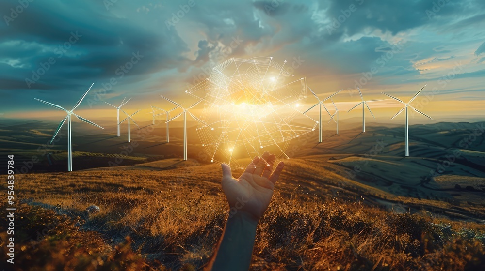 Poster redefining energy for the future. wind turbine. taken from an elevated position. generative ai.