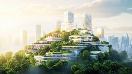 Fototapeta premium Futuristic Eco-City Skyline with Lush Green Terraced Landscapes