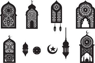 Traditional islamic window shapes in oriental style. Set of black silhouette eid mubarak decorative arches, mosque borders or moroccan gates. Arabic muslim architecture design elements, ramadan frames