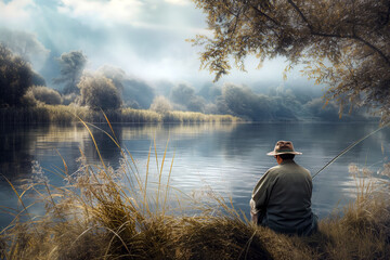 Fisherman sitting on a riverbank with a fishing rod in hand, enjoying the quiet and nature around him.