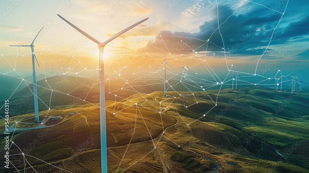 Poster redefining energy for the future. wind turbine. taken from an elevated position. generative ai.