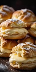 A plate of freshly made cream puff pastries, each topped with powdered sugar and creamy filling, is beautifully arranged in soft evening light, inviting dessert lovers to indulge. Generative AI