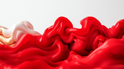 Extreme close up of red and gold liquid ink waves blending in water forming abstract shapes 
