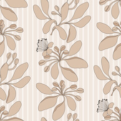 Delicate beige floral seamless pattern on vertically striped. Vector hand drawn vintage illustration. For fabric, clothes, wallpaper, packaging, wrapping paper.