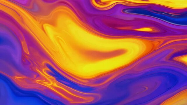 Abstract vibrant multicolored fluid pattern with swirling blue, yellow, purple, and orange hues. Heat map animation.