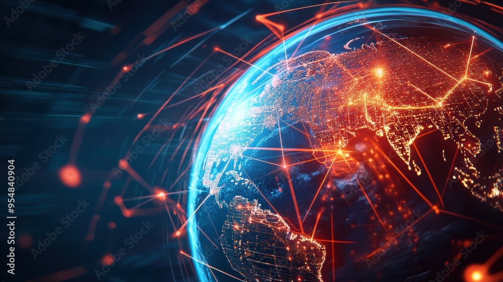 Poster a 3d rendered globe slowly rotating with glowing lines connecting major cities around the world, emp