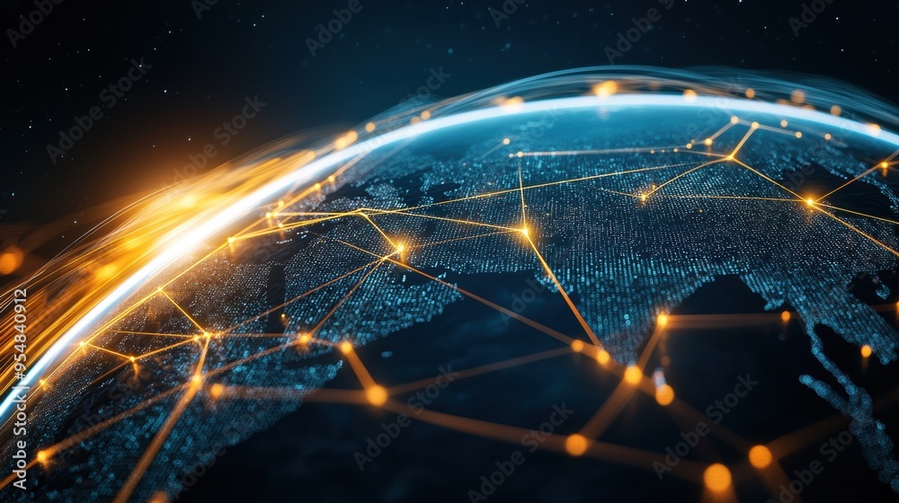 Poster a 3d rendered globe slowly rotating with glowing lines connecting major cities around the world, emp