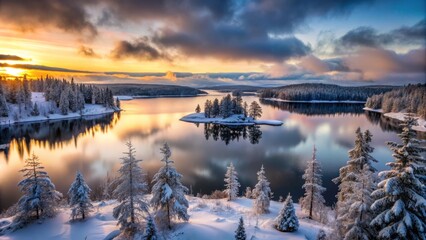 Obraz premium Anthropogenic Lakes in January at dawn, with the sky gradually lightening and the surrounding landscape still shrouded in darkness, except for a few snow-covered trees