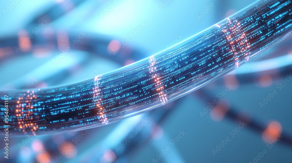 Wall mural a 3d rendered loop of fiber optic cables glowing and transmitting data across a network, with pulses