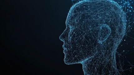 Obraz premium Polygonal futuristic mesh with human head model. Artificial intelligence, connection technology. Generative AI