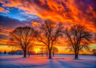 Naklejka premium Winter Sunset Colors: A stark winter landscape transformed by the fiery hues of sunset, with bare trees silhouetted against a kaleidoscope of colors.
