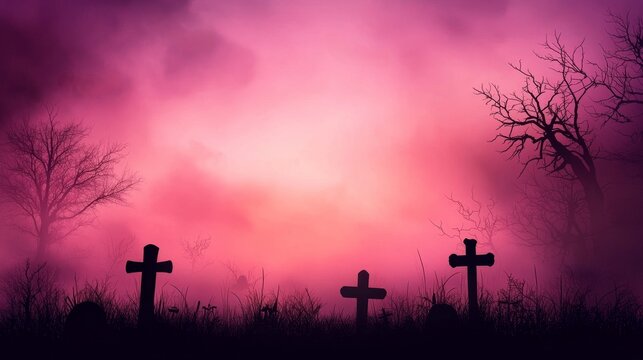 A haunting graveyard scene at dusk, featuring silhouettes of tombstones and bare trees against a pink and purple sky.