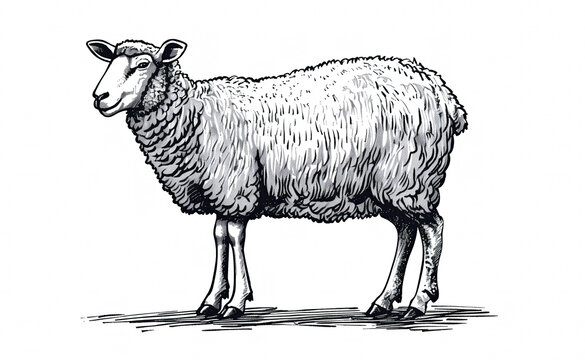 recommend clip art: Sheep, lamb. Vintage retro print, black white sheep lamb sketch ink pencil style drawing, engrave old school. Sketch artwork silhouette farm sheep lamb. Side view profile. Illustration