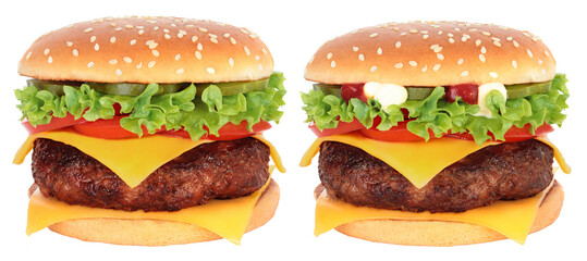 Set of Hamburgers with Thick Beef Cutlet, isolated on transparent background, fast food concept