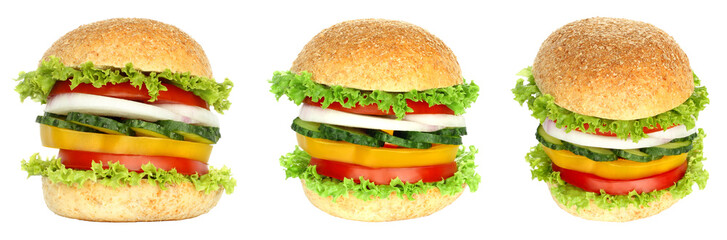 Set of various views and projections of Vegan Hamburger, isolated on transparent background, healthy fast food concept