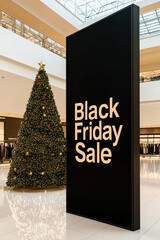Holiday shopping scene with Black Friday discounts, Christmas tree, 3D illustration