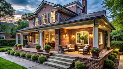 Fototapeta premium Renovated brick houses boast attached covered verandas, creating inviting outdoor spaces perfect for relaxing and