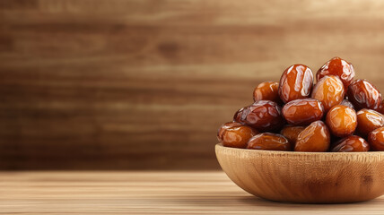 Obraz premium Fresh dates with a glossy texture on a wooden plate market stall background desert like ambiance 