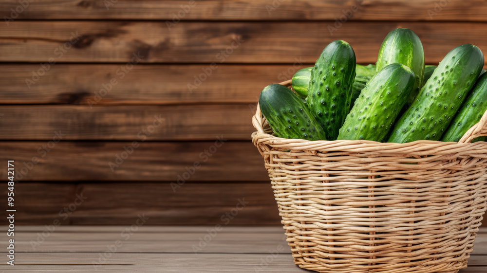 Wall mural Fresh green cucumbers arranged in a wicker basket market stall background warm wooden tones 