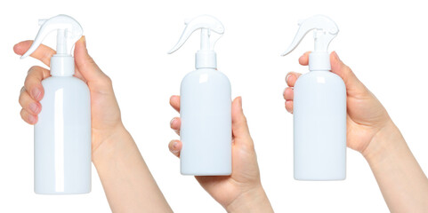 Set of Hands which holding the White Water Spray, isolated on transparent background, template for home things ads