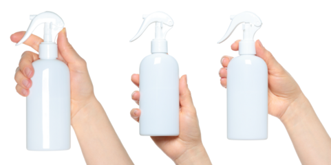 Set of Hands which holding the White Water Spray, isolated on transparent background, template for home things ads