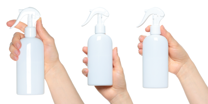 Set of Hands which holding the White Water Spray, isolated on transparent background, template for home things ads