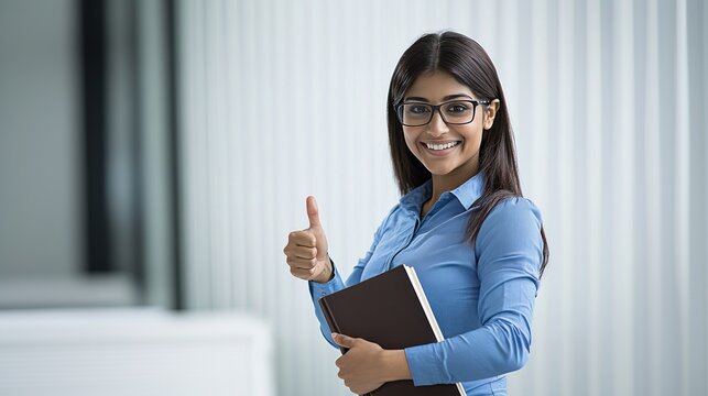 Indian businesswoman giving a thumbs up while holding a document, expressing confidence as a job candidate, professional appearance, job interview