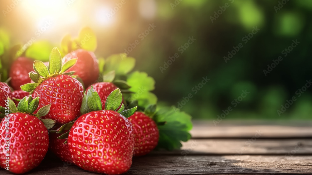 Sticker fresh strawberries with green leaves and seeds glistening in sunlight on a rustic wooden market stal