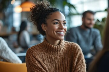 A relaxed team meeting in a modern office with a focus on a woman in a cozy sweater