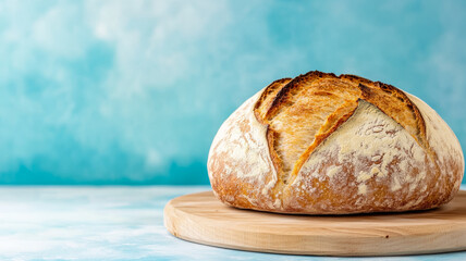Freshly baked sourdough bread with a crispy crust on a wooden board farm market stall background 