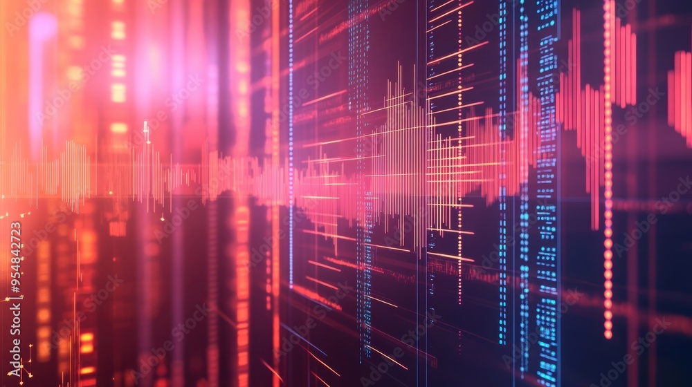 Poster a seamless 2d animation of abstract financial graphs and charts fluctuating in sync, with lines and 