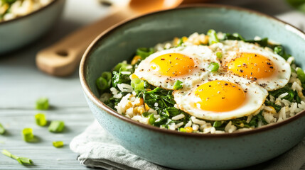 Spinach fried rice with sunny side up eggs--delicious and healthy, perfect for breakfast or brunch. An easy home cooking recipe that fits a diet food menu.