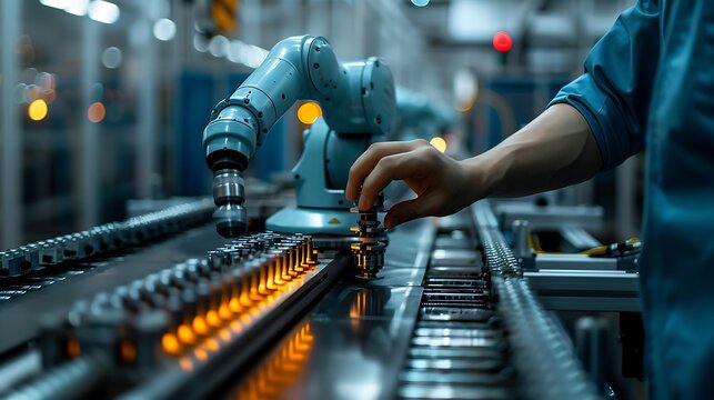 A detailed shot of a human worker adjusting the settings on a collaborative robot (cobot) in a manufacturing facility. The cobot is positioned to assist in the assembly process,